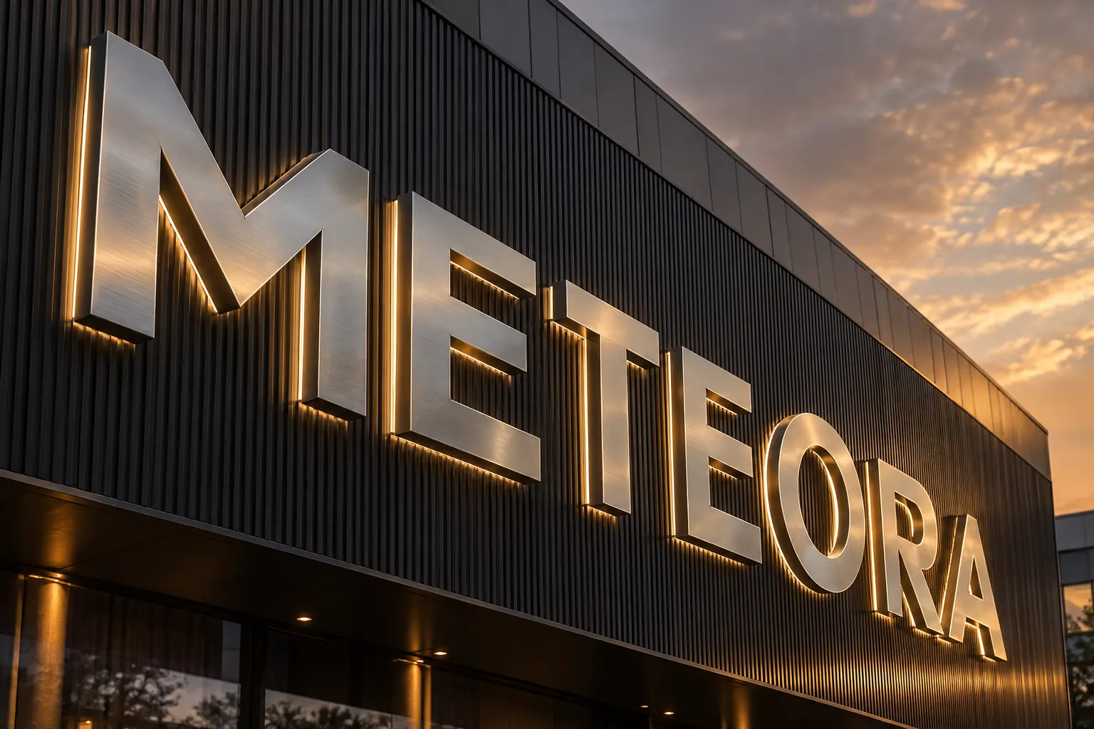 Концепт METEORA: металлические буквы с тёплой подсветкой на масштабном фасаде